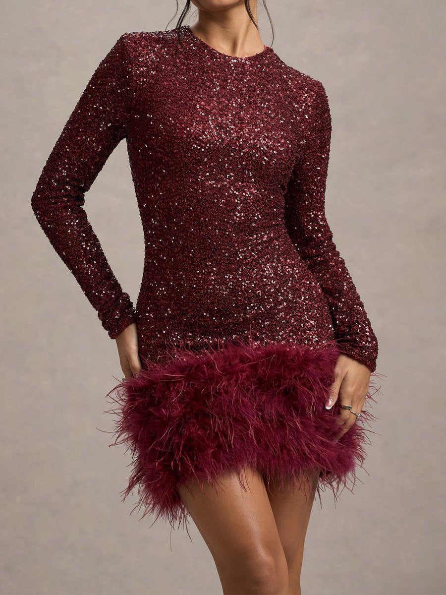 sequin High Neck Feather Hem Mini Dress