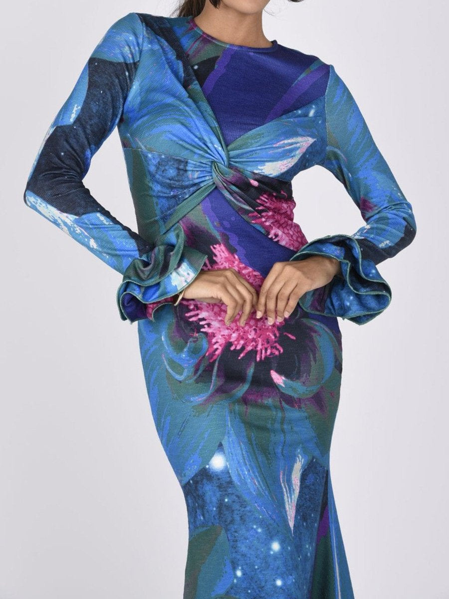 (⏰Big Sale)Printed Fungus Edge Long Sleeve Dress