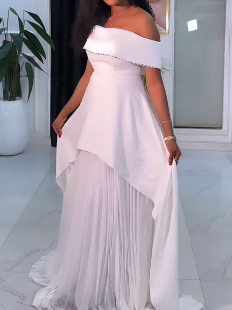 (⏰Big Sale)Off Shoulder Rhinestone Sparkle Pleated Party Dress