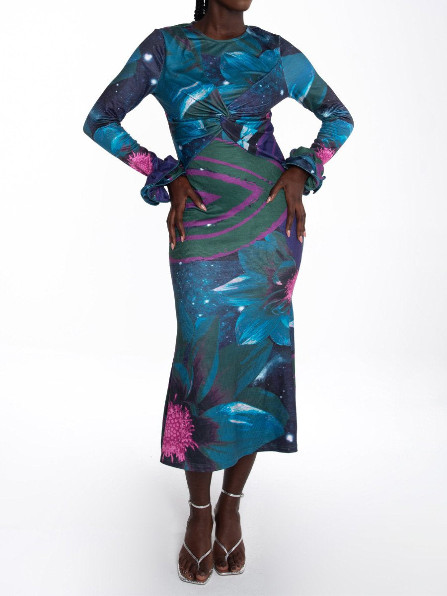 (⏰Big Sale)Printed Fungus Edge Long Sleeve Dress