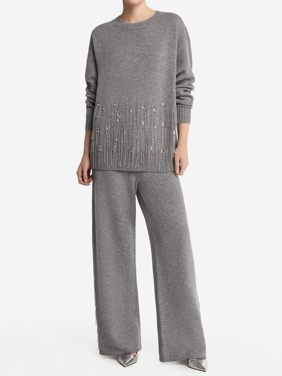 Elegant Fringed Flash Diamond Trim Knit Sweater Suit(two-piece)
