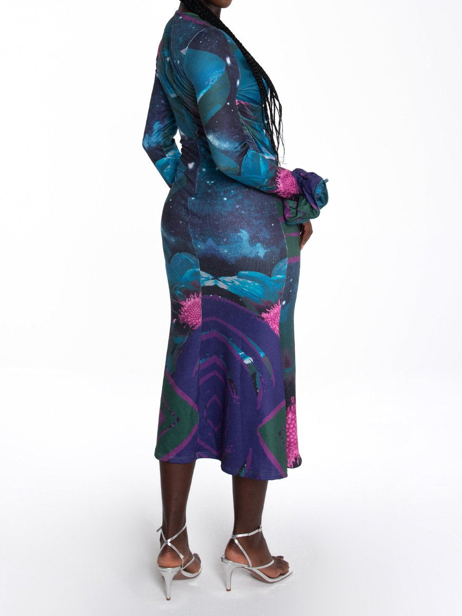 (⏰Big Sale)Printed Fungus Edge Long Sleeve Dress