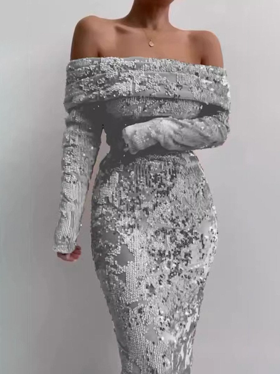 (⏰Big Sale)Sequin Off Shoulder Sexy Maxi Dress