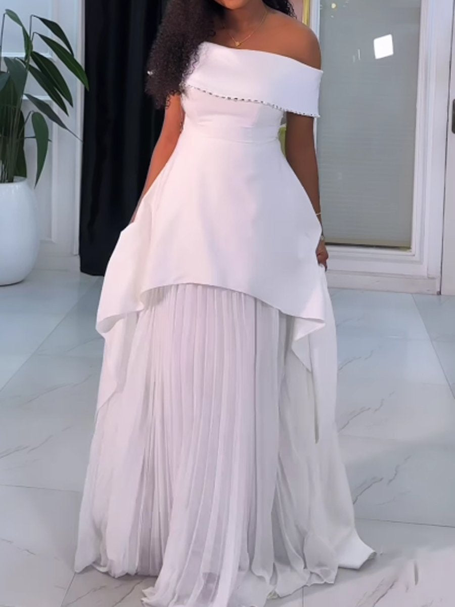 (⏰Big Sale)Off Shoulder Rhinestone Sparkle Pleated Party Dress