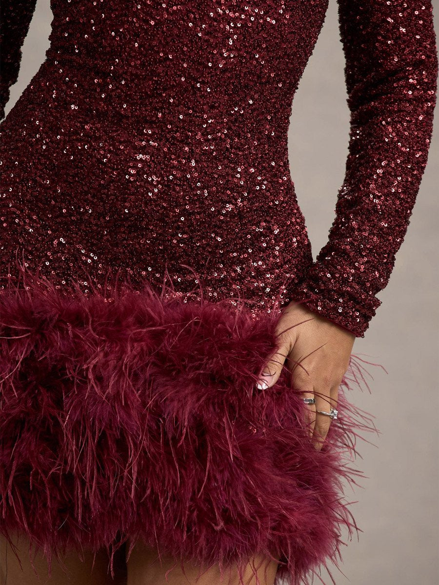sequin High Neck Feather Hem Mini Dress