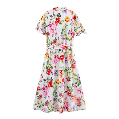 Floral Print Short Sleeve Belted Dress