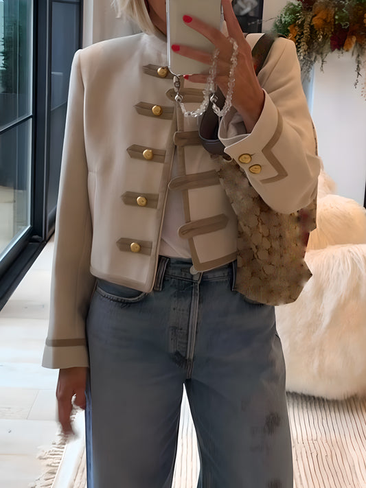 High Neck Shoulder Pads Contrasting Trim Jacket