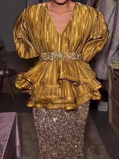 Elegant Puff Sleeve V-Neck Ruffled Top & Sequin Skirt