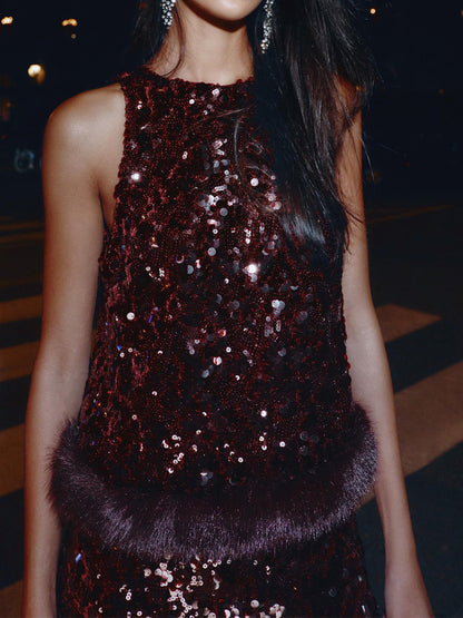 Faux Fur Hem Sequin Top & High-waist Trousers