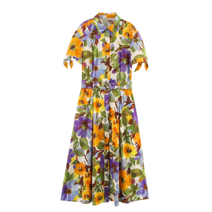 Floral Print Short Sleeve Belted Dress