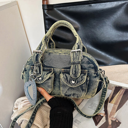 Washed Denim Multi-Pocket Crossbody Bag