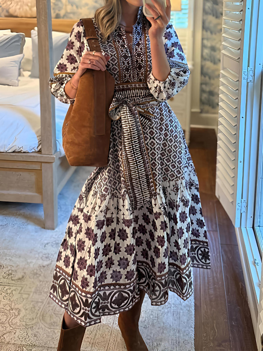 Banded Collar Pleacement Print Belted Dress