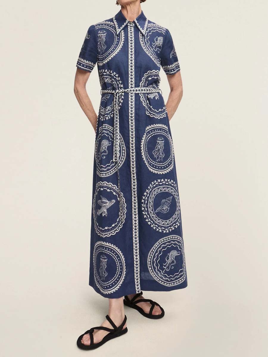 Placement Print Short Sleeve Belted Shirtdress