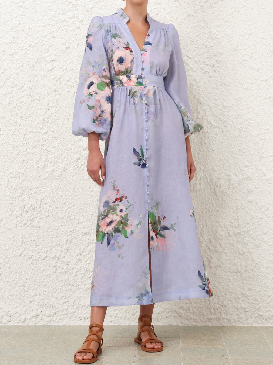 V-neck Blouson Sleeve Printed Dress