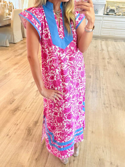 Printed Short Flutter Sleeve Maxi Dress