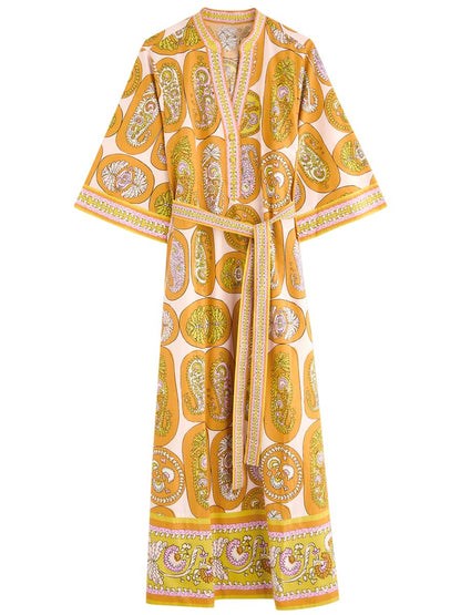 Printed Belted V Neck Maxi Dress
