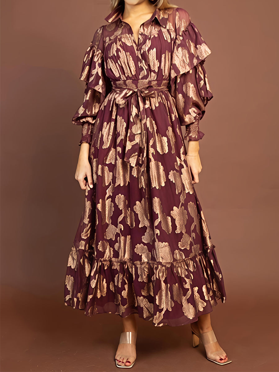 Floral Pattern Long Sleeve Chiffon Maxi Dress