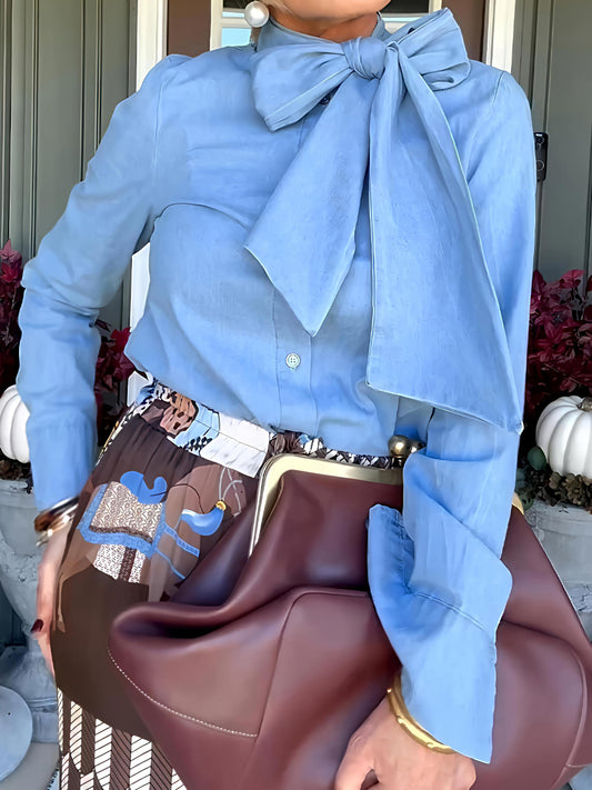 Denim Blouse With Bow Style Neck