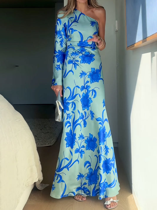 Floral Print One Shoulder Maxi Dress