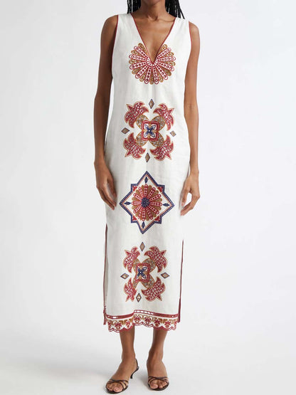 Embroidered Deep V Neck Dress