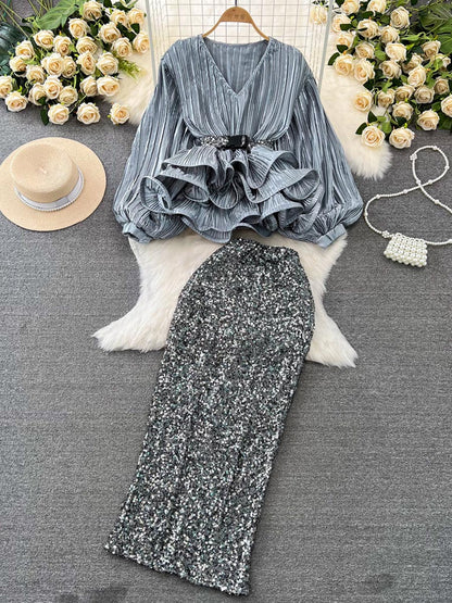 Elegant Puff Sleeve V-Neck Ruffled Top & Sequin Skirt