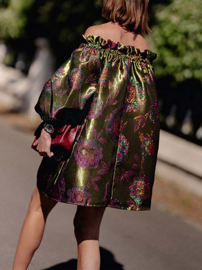 Off Shoulder Printed Ruffled Mini Dress