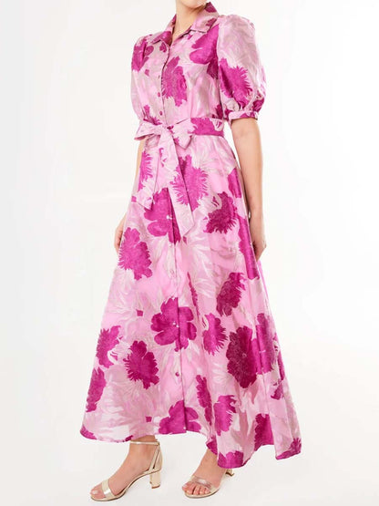 Elegant Printed Short Sleeve Belted Dress