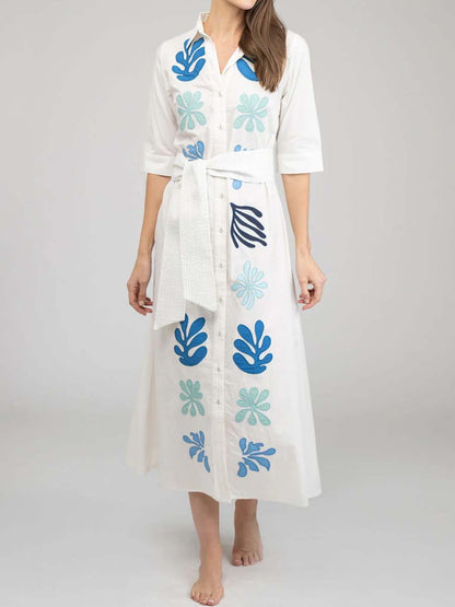 Printed Button Up Belted Dress