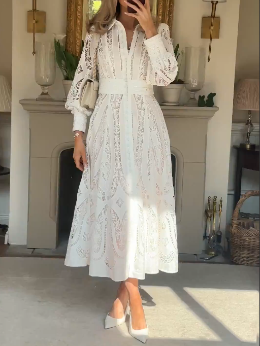 Cutwork Balloon Sleeve Woven Maxi Dress