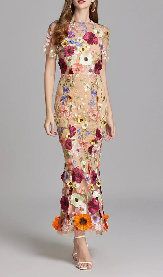 Midi Sleeves Floral Embroidery Fishtail Midi Dress