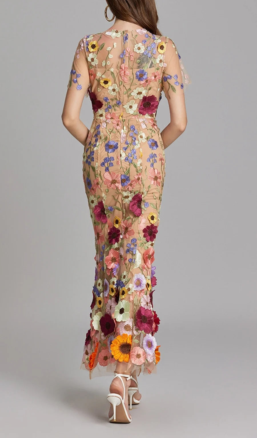 Midi Sleeves Floral Embroidery Fishtail Midi Dress