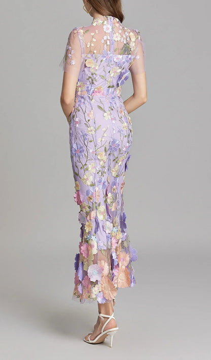 Midi Sleeves Floral Embroidery Fishtail Midi Dress
