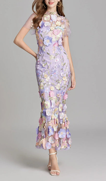 Midi Sleeves Floral Embroidery Fishtail Midi Dress