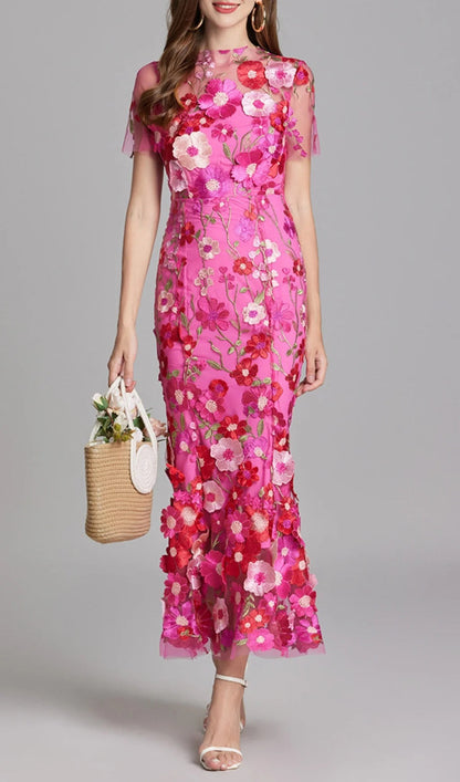 Midi Sleeves Floral Embroidery Fishtail Midi Dress