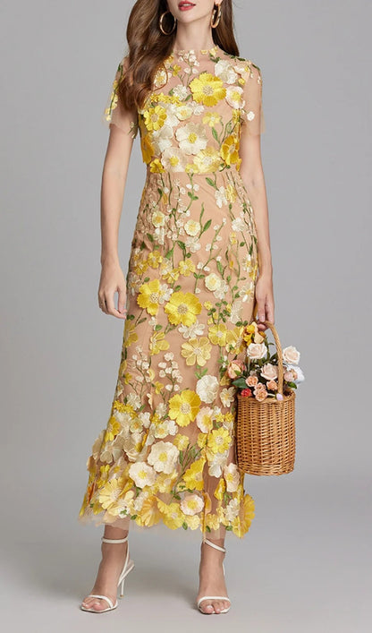 Midi Sleeves Floral Embroidery Fishtail Midi Dress