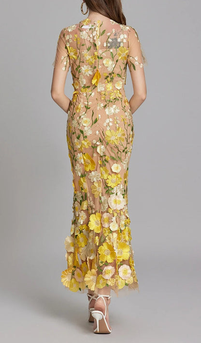 Midi Sleeves Floral Embroidery Fishtail Midi Dress