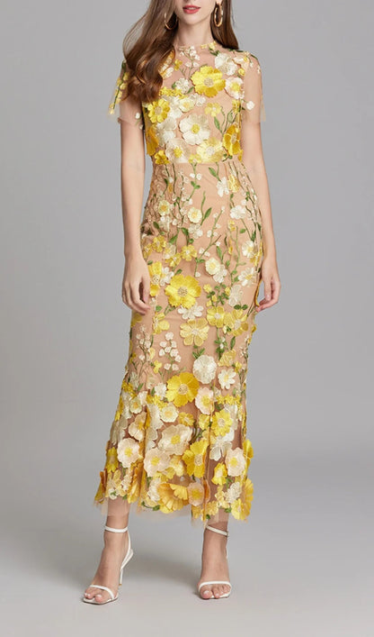 Midi Sleeves Floral Embroidery Fishtail Midi Dress