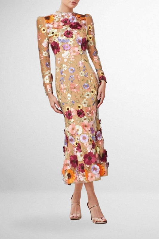 Long Sleeves Floral Embroidery Fishtail Midi Dress