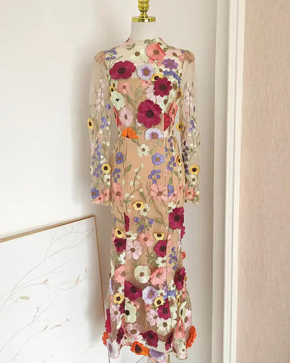 Long Sleeves Floral Embroidery Fishtail Midi Dress