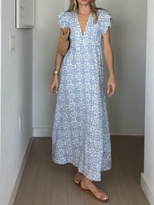 V-Neck Flutter Sleeve Medallion Printed Maxi Dress