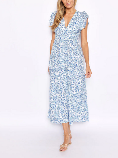 V-Neck Flutter Sleeve Medallion Printed Maxi Dress