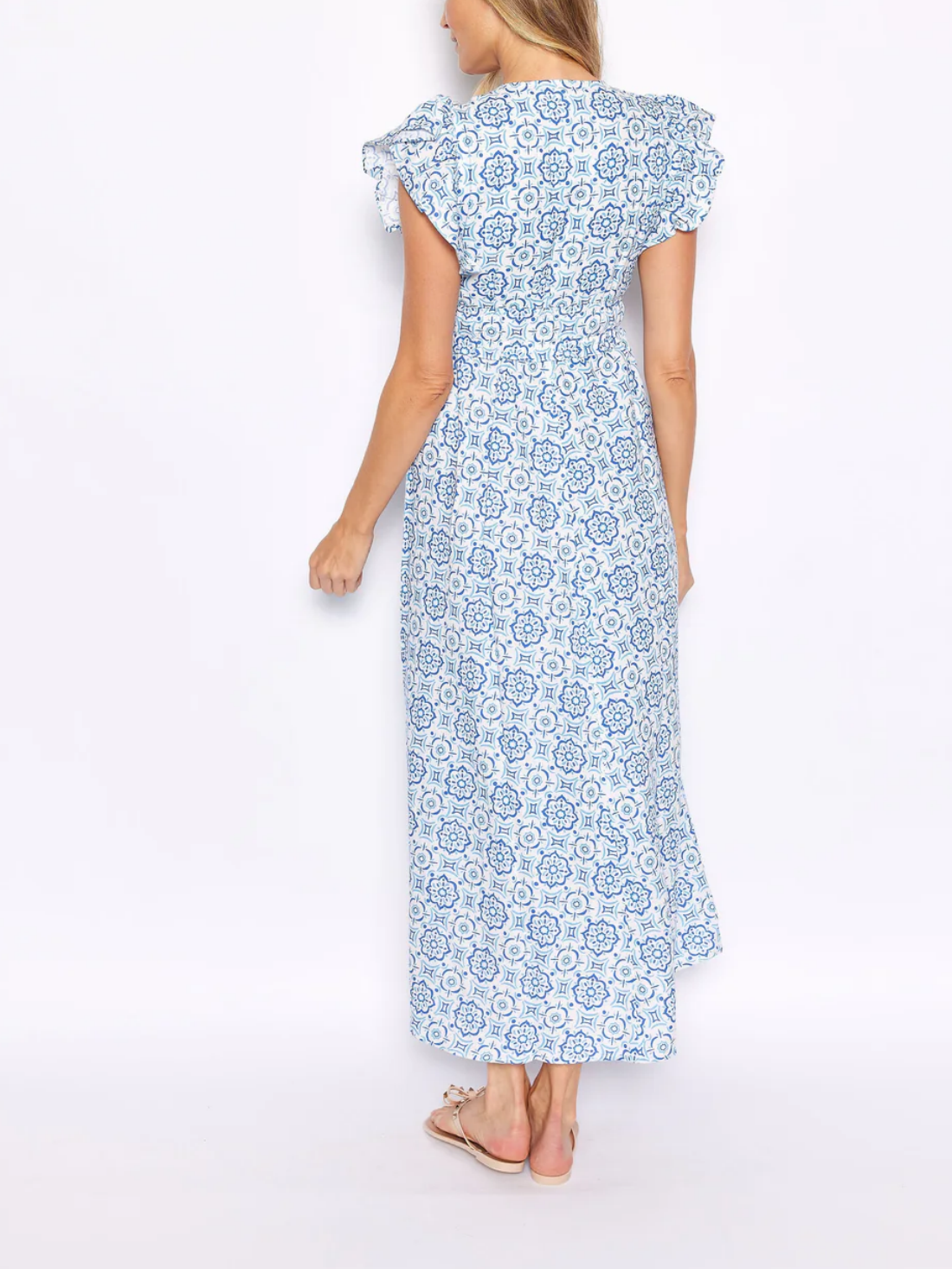 V-Neck Flutter Sleeve Medallion Printed Maxi Dress