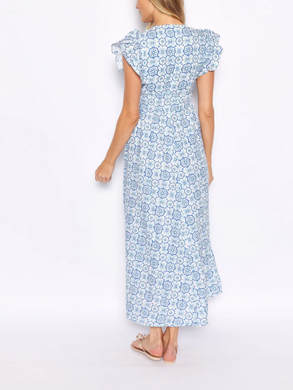 V-Neck Flutter Sleeve Medallion Printed Maxi Dress