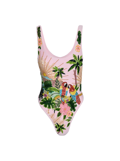 Scoop Back Tropical Swimsuit Pink