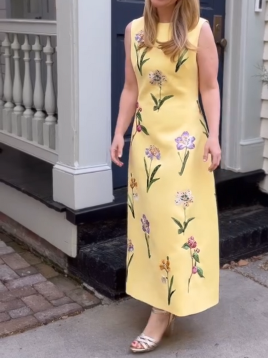 Classic Round Neck Embroidered Midi Dress