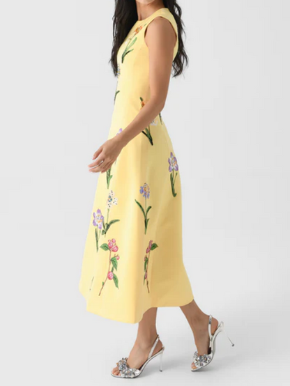 Classic Round Neck Embroidered Midi Dress