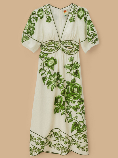 Fashion V Neck Waisted Printed Midi Dress