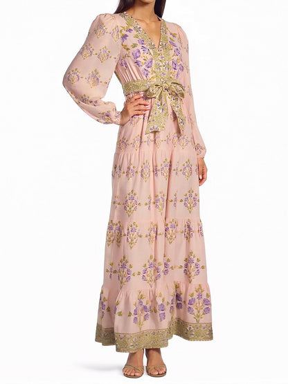 Floral Printed Long Sleeve V-Neck Self Tie Maxi Dress