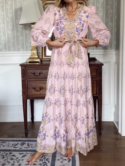 Floral Printed Long Sleeve V-Neck Self Tie Maxi Dress