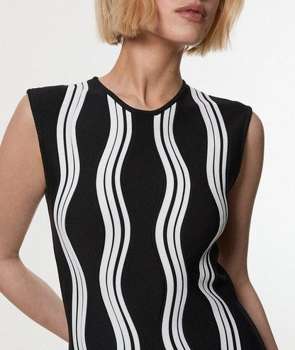 Contrast Wave Knit Dress With Fringing